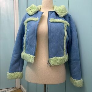 Urban Outfitters Baby Blue with Mint Green Hooded Faux Fur Shearling Jacket